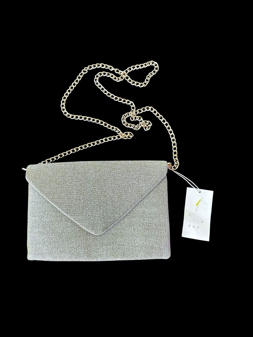 NWT A New DaySilver Envelope  Crossbody Bag with Gold Chain